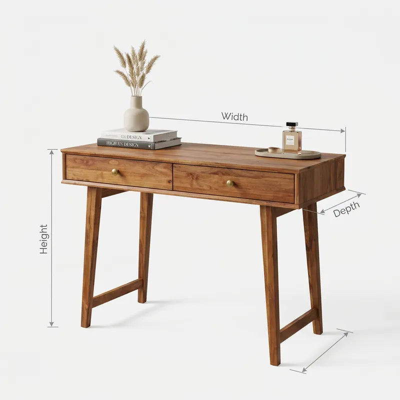 Mid-Century-Schminktisch aus Massivholz mit 2 Schubladen & schrägen Beinen
