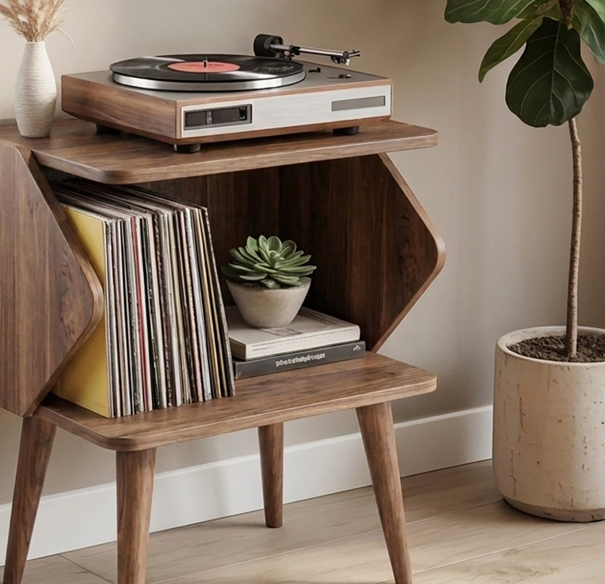 Mid-Century-Modern-Plattenspielerständer aus Holz mit Vinyl-Stauraum
