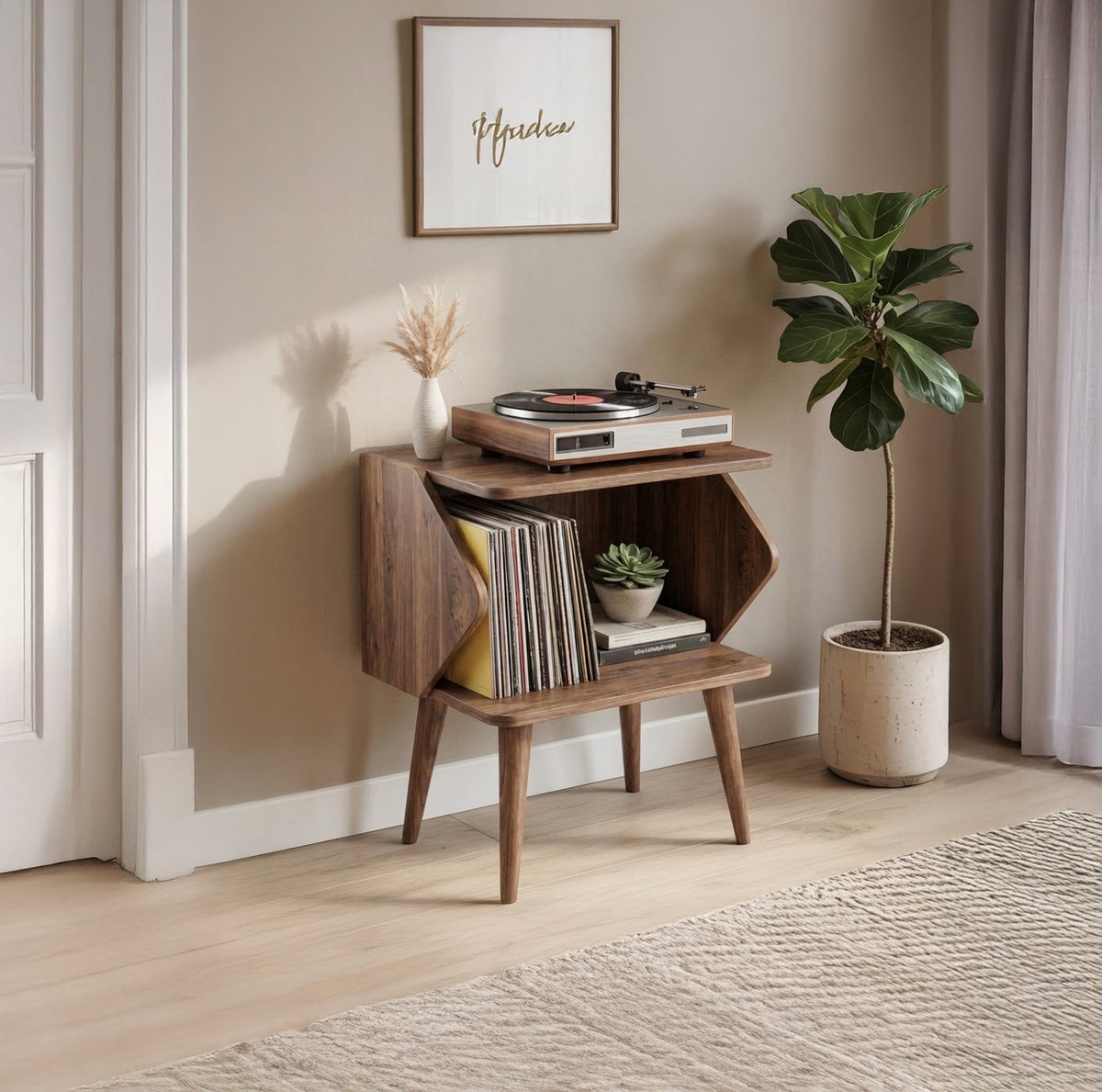 Mid-Century-Modern-Plattenspielerständer aus Holz mit Vinyl-Stauraum