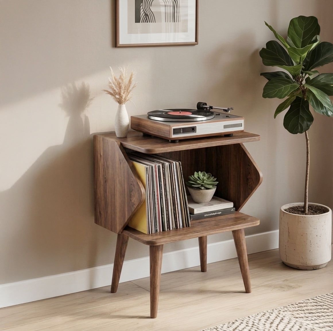 Vinyl-Stauraumschrank mit Holzständer für den Plattenspieler