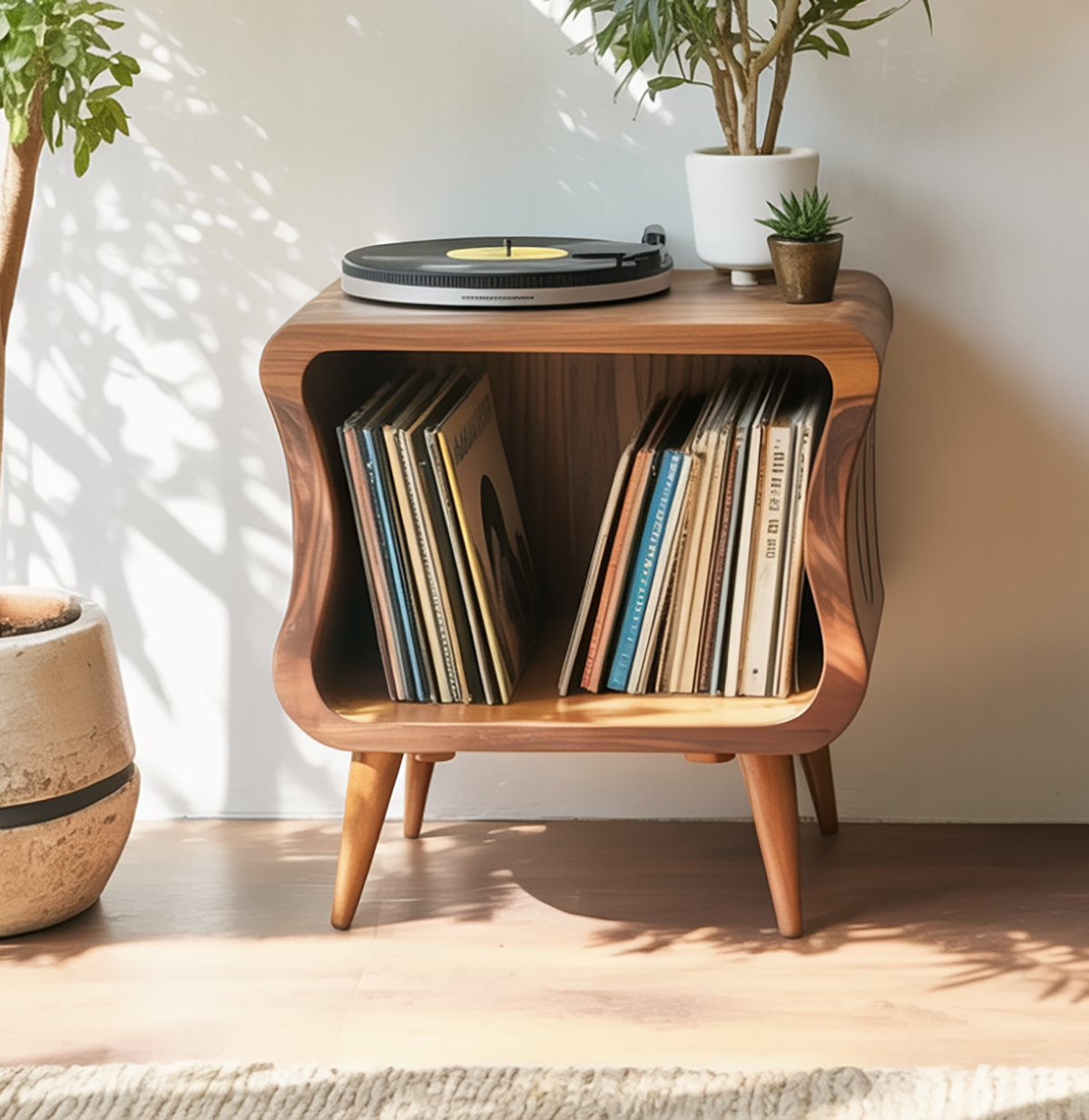Vinyl-Aufbewahrungsständer aus Massivholz für das Wohnzimmer-Setup