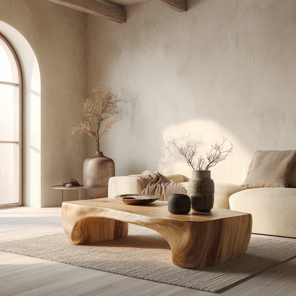Couchtisch aus Naturhartholz, der ein minimalistisches Wohnzimmer aufwertet