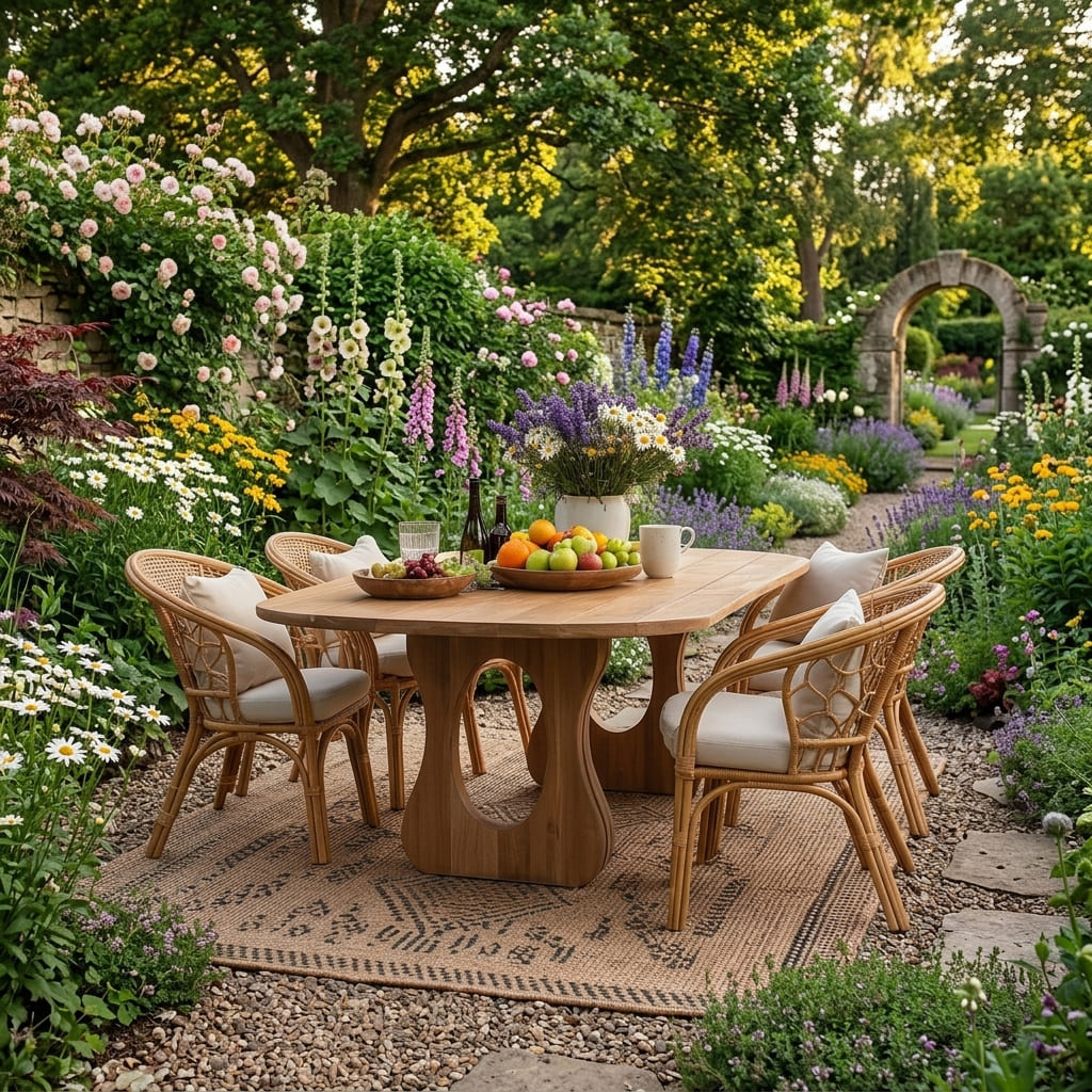 Mid-Century-Esstisch aus Holz, gestylt in einem zeitgenössischen Garten