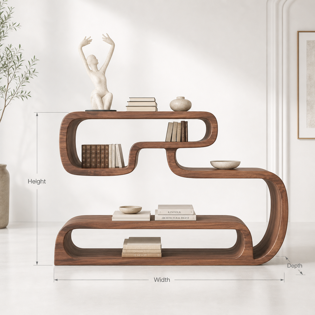 Minimalistischer Raumteiler mit Bücherregal aus Holz für ein geräumiges Wohnzimmer