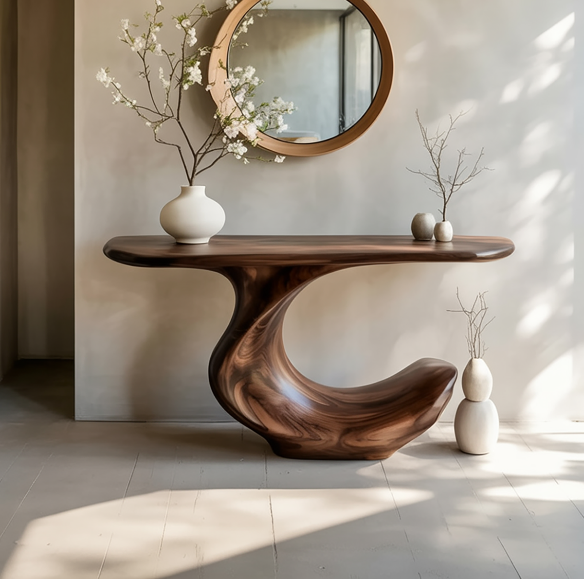 Minimalistischer geschwungener Konsolentisch im fließenden Holzdesign