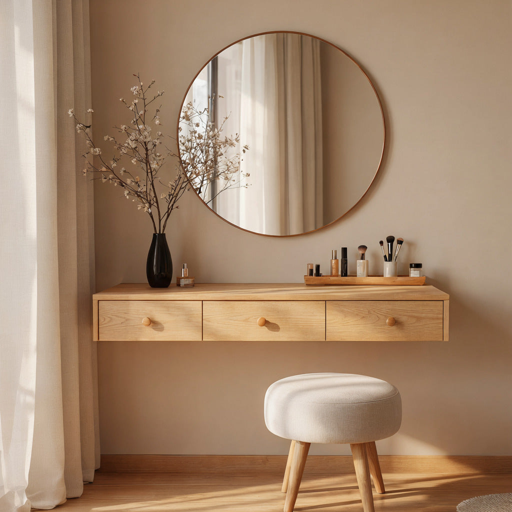 Zeitgenössischer wandmontierter Schminktisch aus Massivholz in einem minimalistischen Interieur