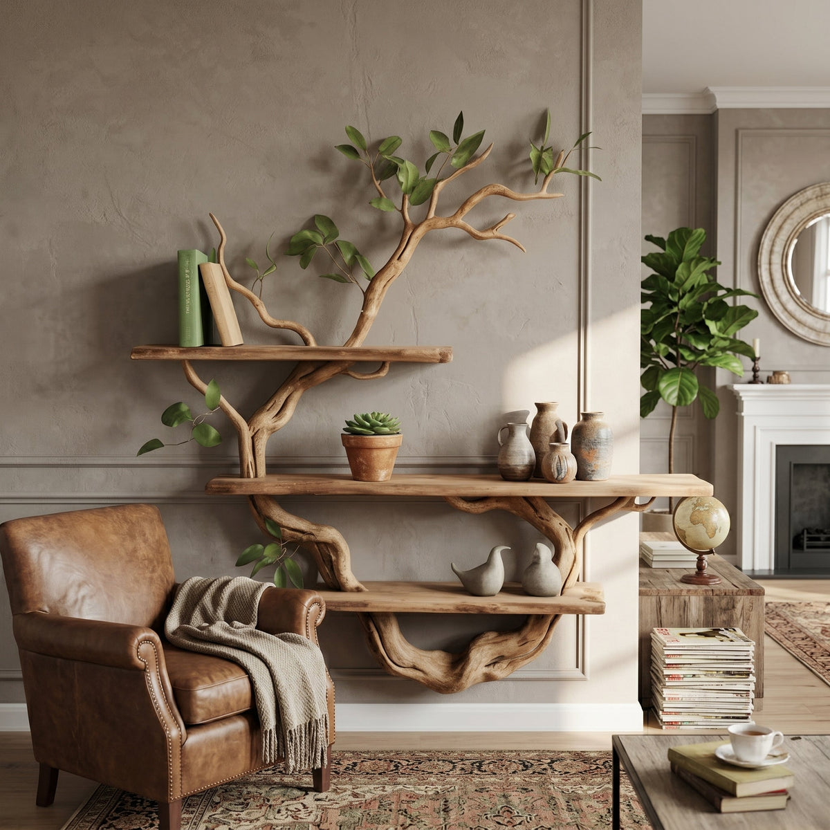 Minimalistisches Baum-Wandregal im Massivholz-Astdesign