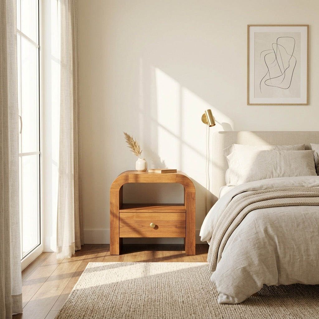 Zeitgenössischer Nachttisch aus Massivholz, gestylt in einem minimalistischen Schlafzimmer