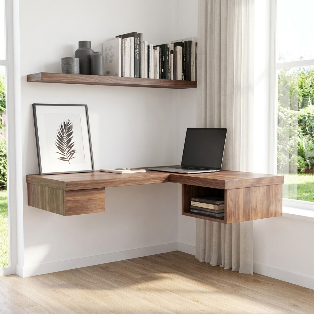 Moderner schwebender L-förmiger Eckschreibtisch aus Massivholz, mit Laptop gestylt in einem zeitgenössischen Homeoffice