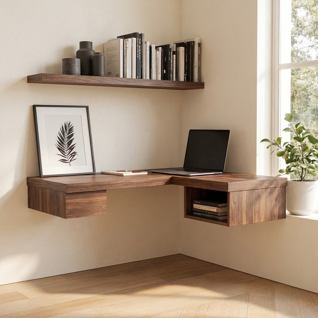 Moderner schwebender L-förmiger Eckschreibtisch aus Massivholz, mit Laptop gestylt in einem zeitgenössischen Homeoffice