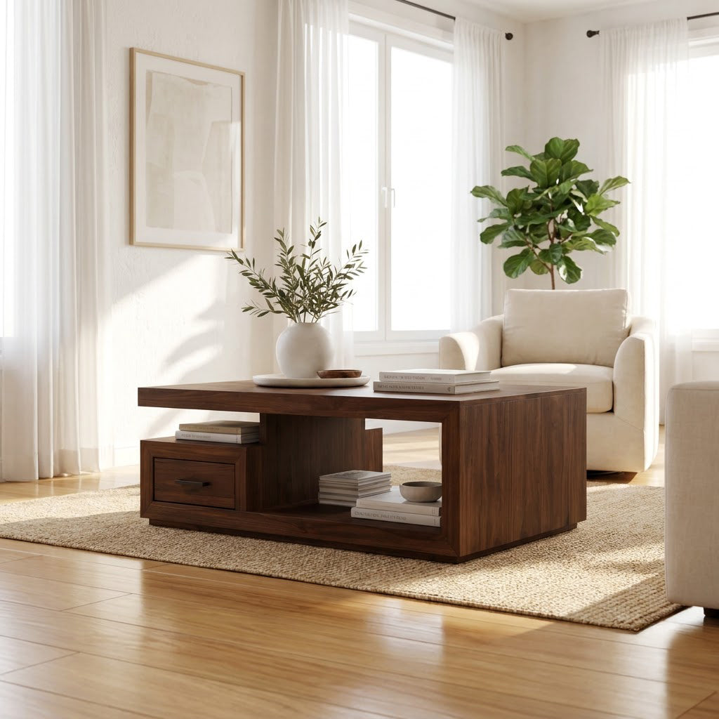 Moderner Sockel-Couchtisch aus Massivholz mit Stauraumfach in einem zeitgenössischen Wohnzimmer