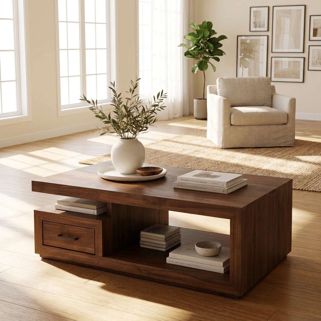 Handgefertigter Couchtisch aus Massivholz mit Schublade, gestylt in einer minimalistischen Lounge