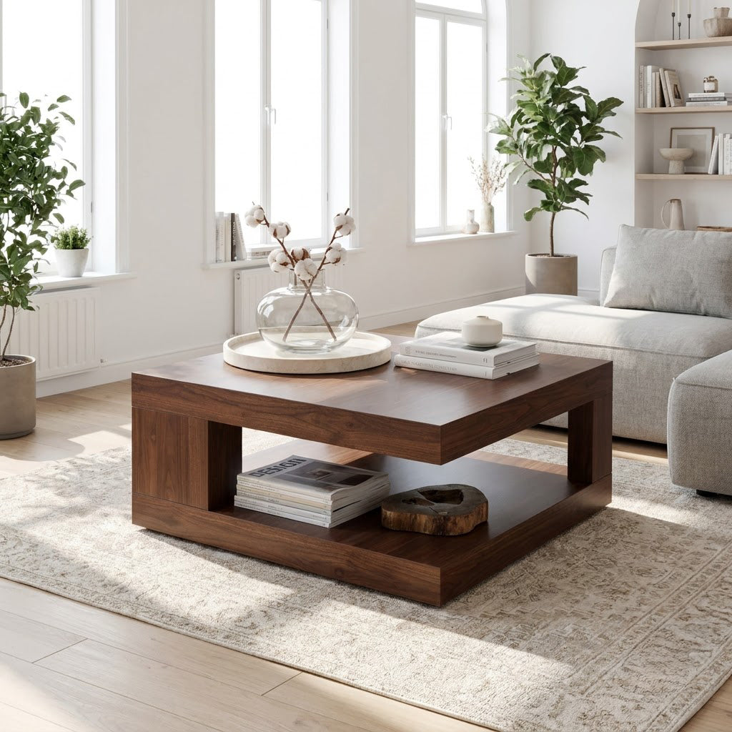 Moderner quadratischer Sockel-Couchtisch aus Massivholz