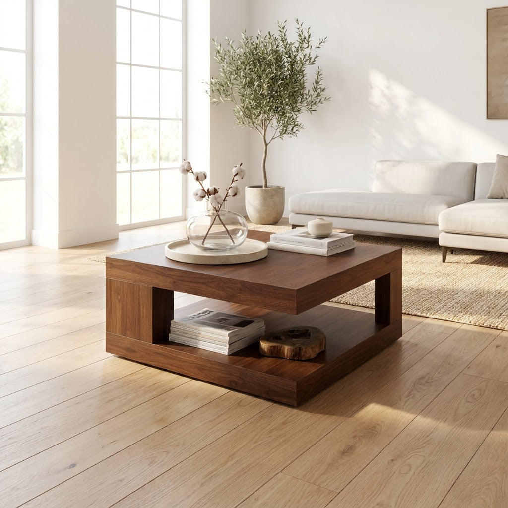 Handgefertigter Couchtisch aus Massivholz mit architektonischen Blockpfeilern, gestylt in einer modernen Lounge