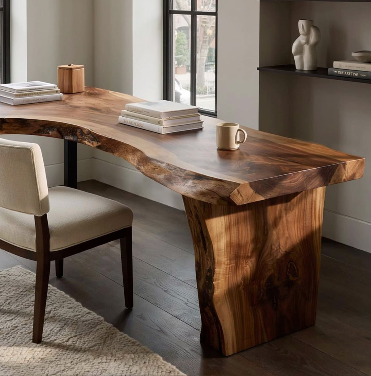 Schreibtisch aus Massivholz mit großzügigem L-förmigem Design und natürlichen Baumkanten-Details