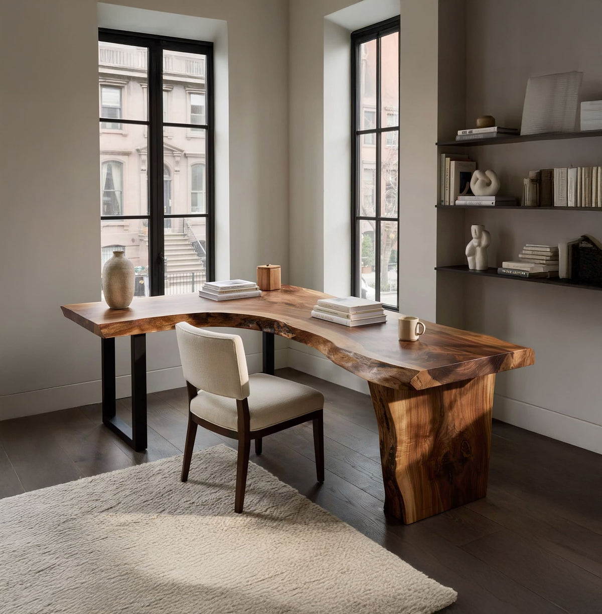 Baumkanten-Schreibtisch in L-Form, gestylt in einem zeitgenössischen Arbeitszimmer
