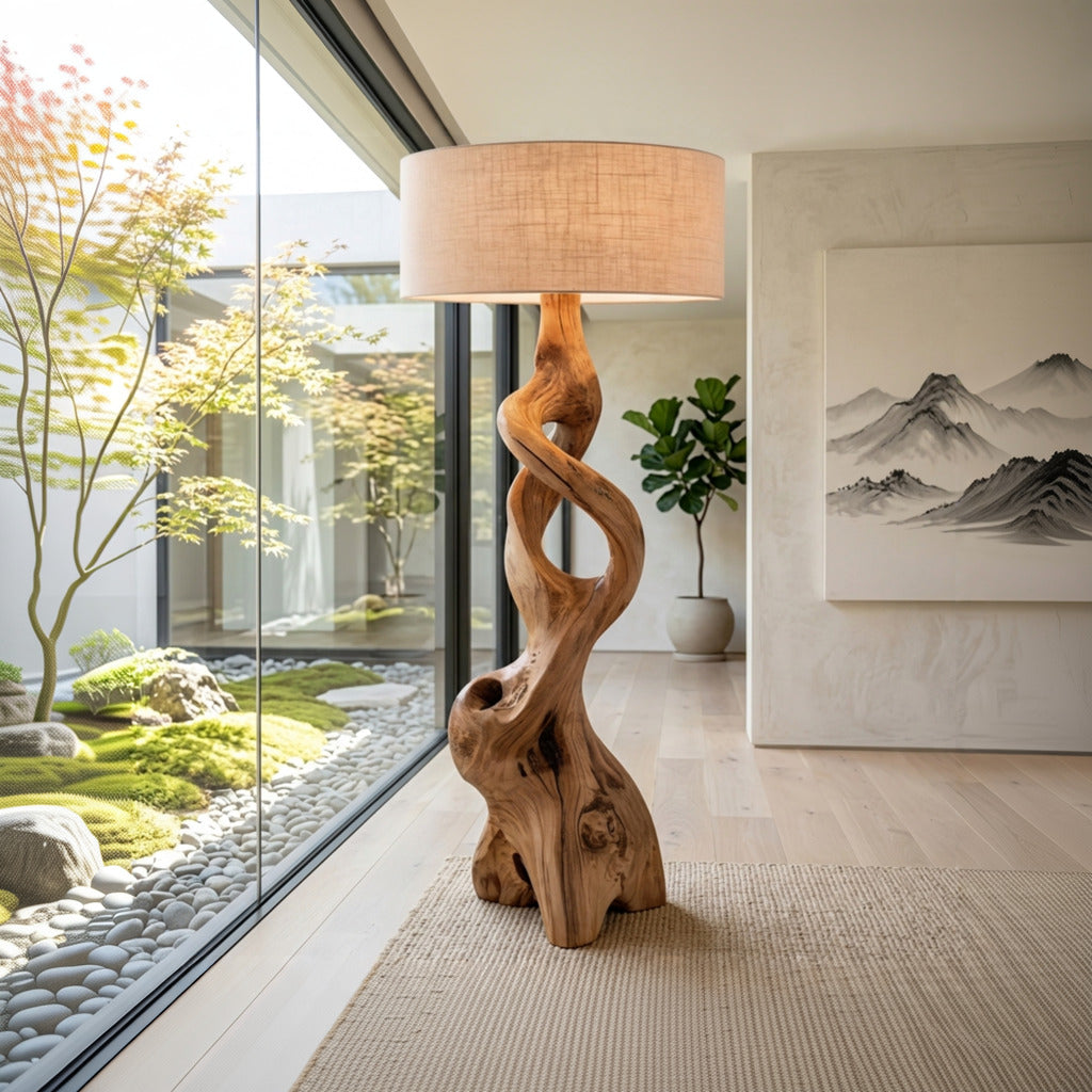 Organische skulpturale Stehlampe in einer luxuriösen Lounge mit modernem Dekor