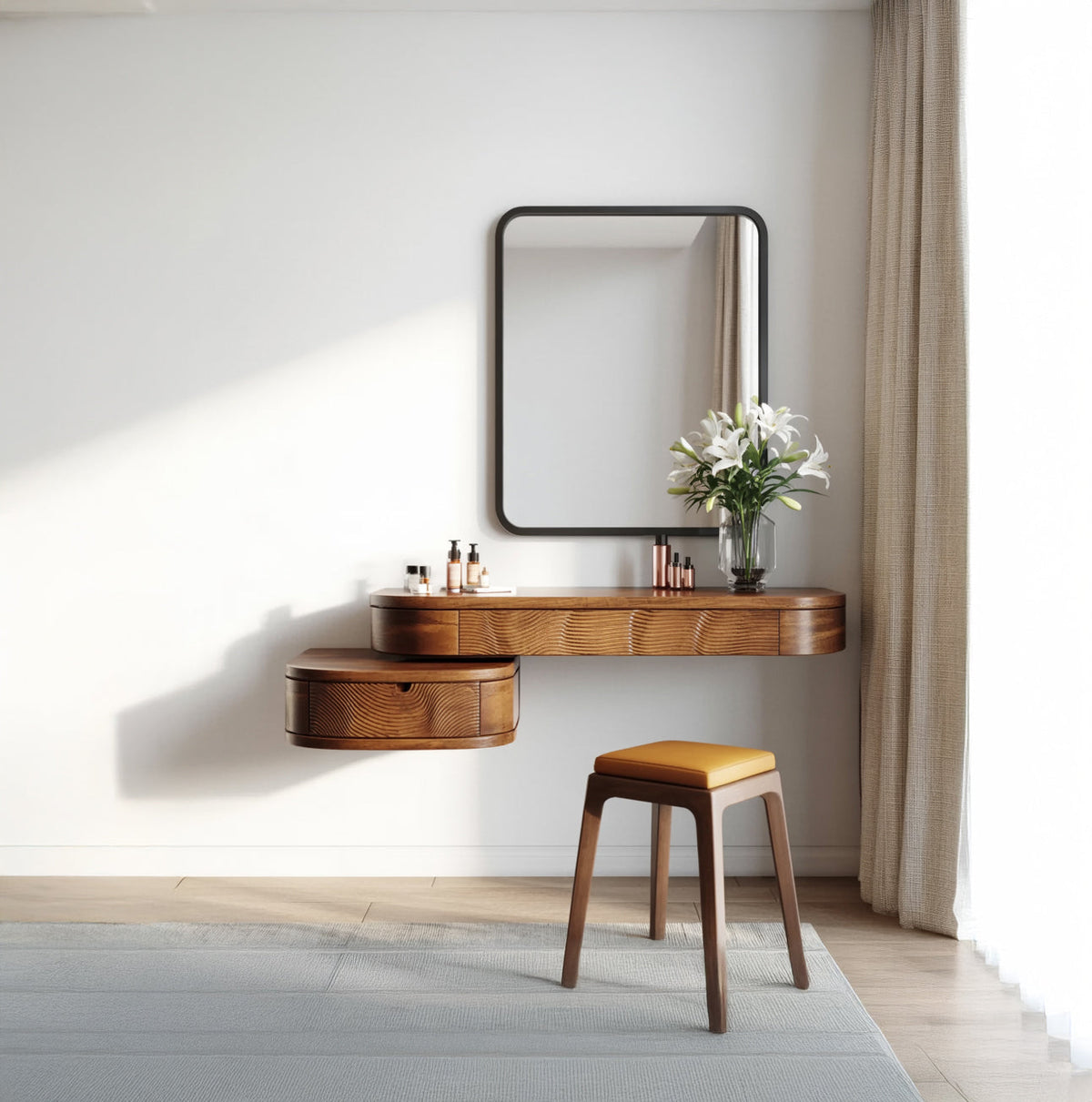 Organischer schwebender Holz-Schminktisch mit gewelltem Maserungsdesign