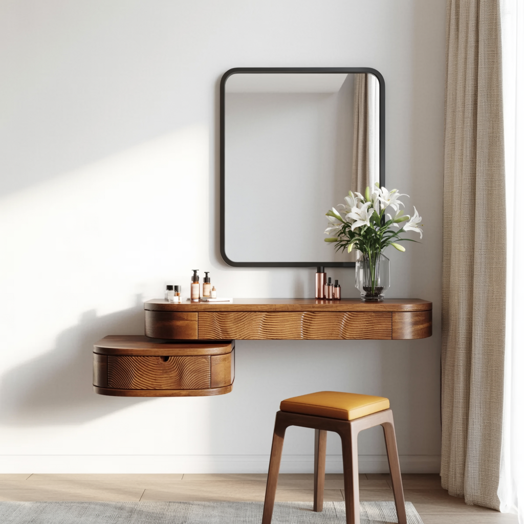 Handgefertigter Holz-Schminktisch mit gewellter Holztextur