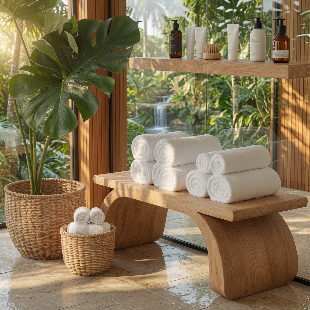 Handgefertigte Spa-Bank aus Holz, die ein luxuriöses Spa-inspiriertes Bad schafft