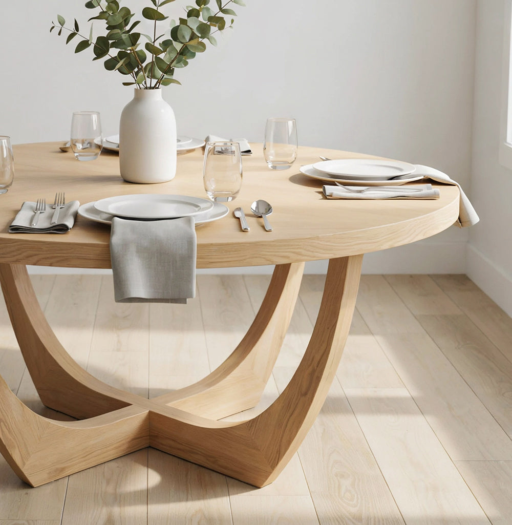 Handgefertigter runder Esstisch im organischen Design mit natürlicher Holzmaserung