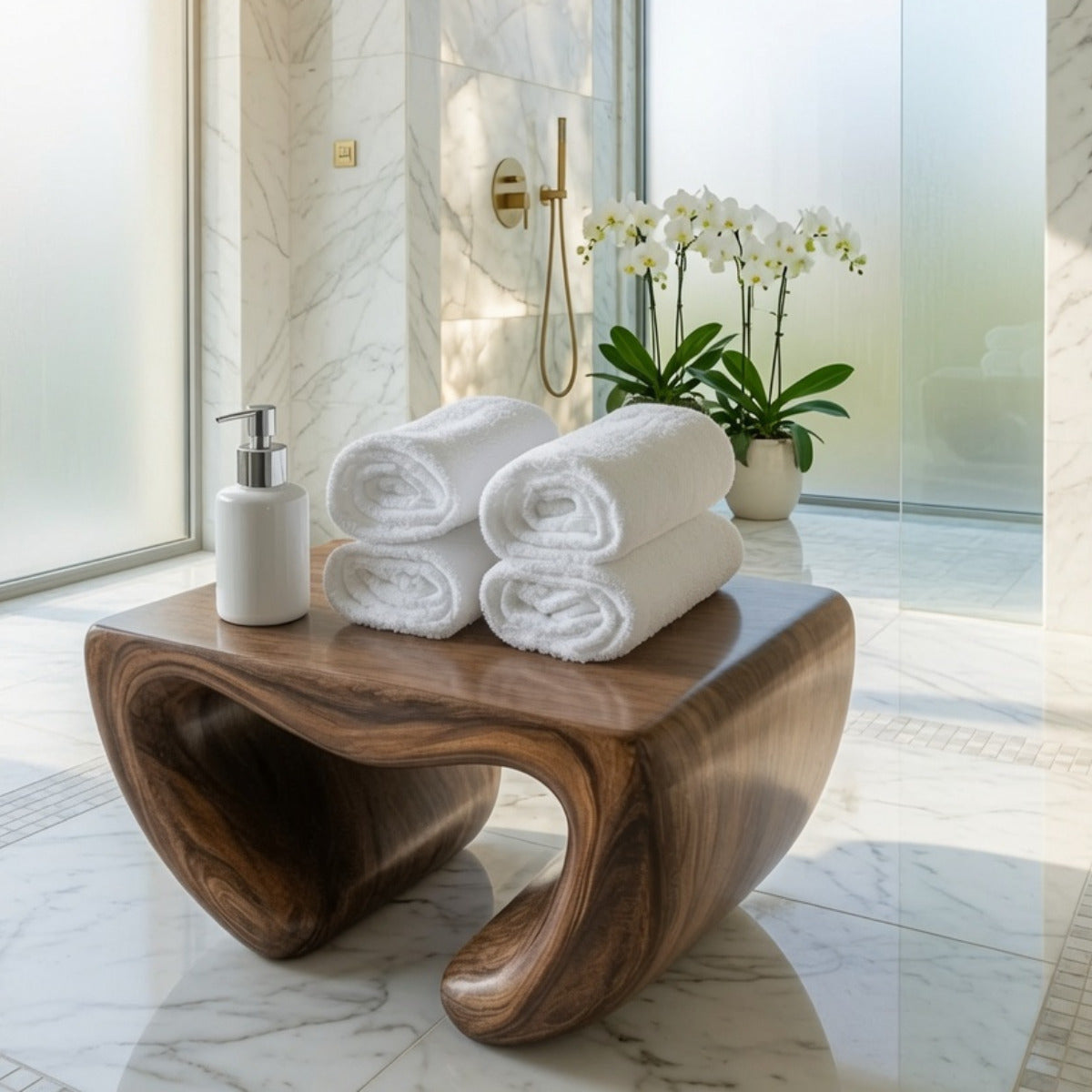 Skulpturale Badewannenbank aus Massivholz in einem minimalistischen Wellnessbereich
