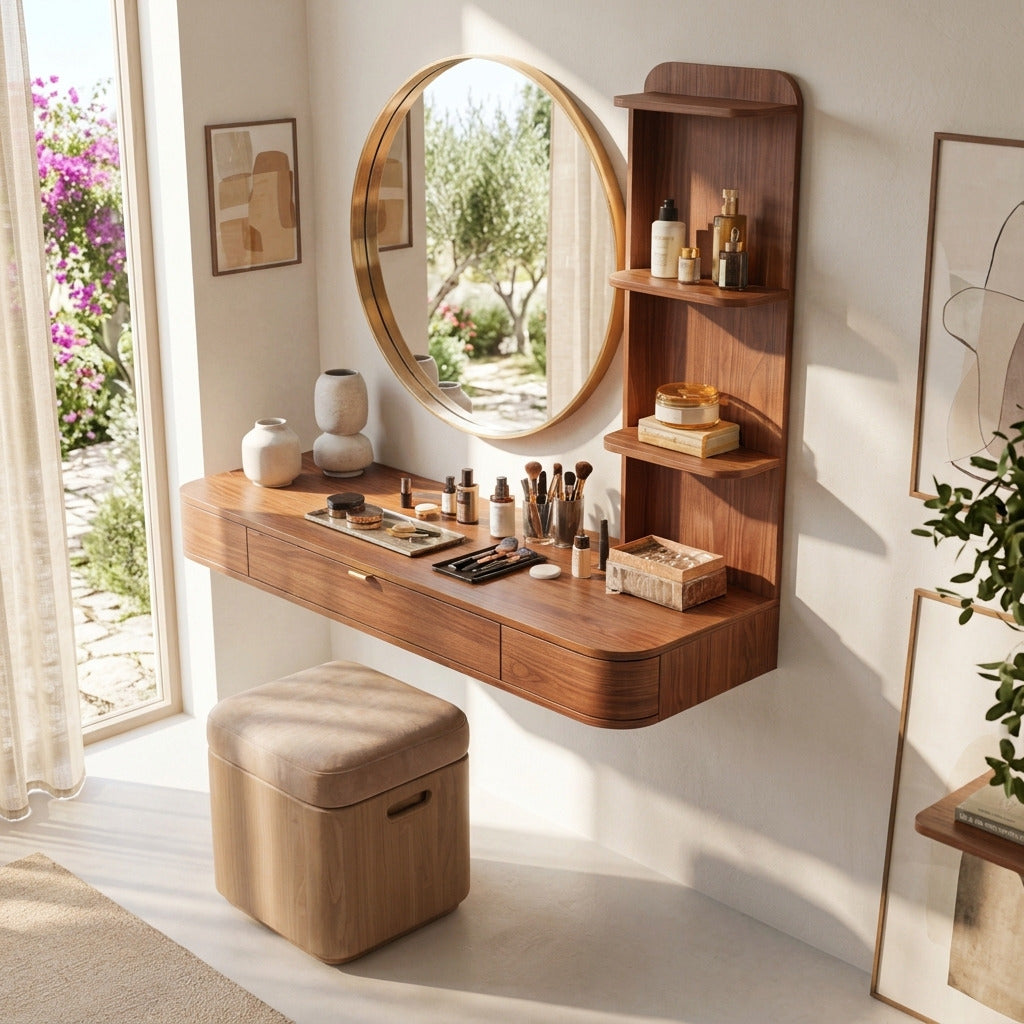 Wandmontierter Schminktisch aus Massivholz in einem minimalistischen Interieur gestylt