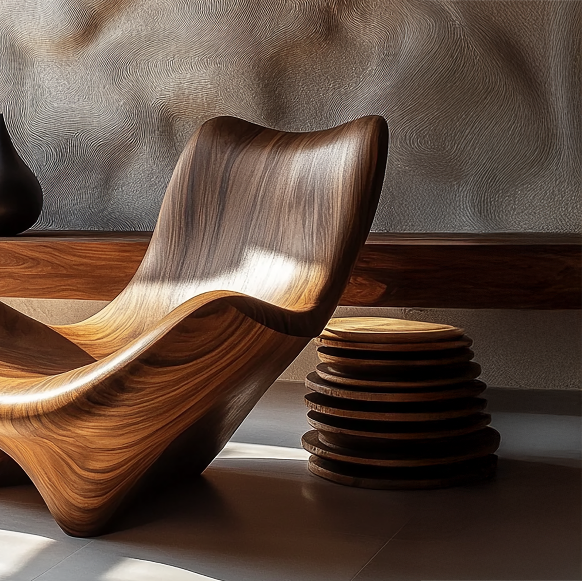 Handgefertigter Loungesessel im Wellenstil aus Massivholz