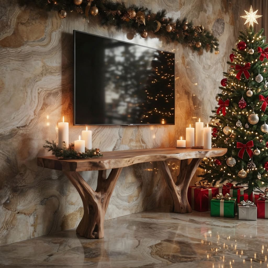 Moderne TV-Konsole aus Massivholz in einem weihnachtlichen Wohnzimmer