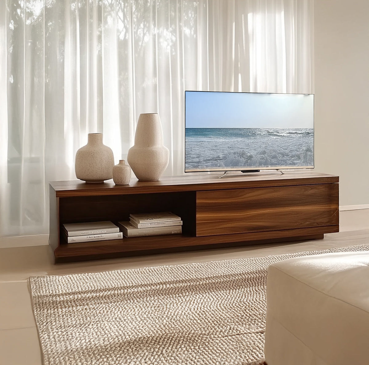 Zeitgenössische Holz-TV-Konsole mit Stauraumfächern
