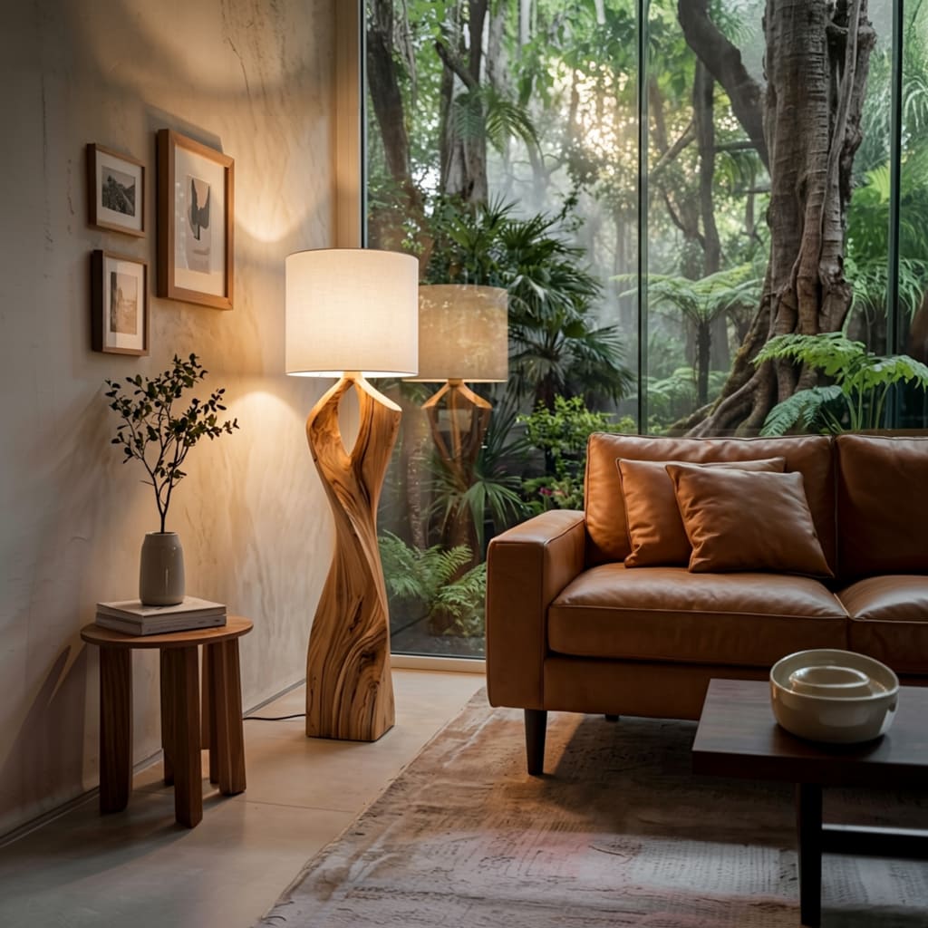 Luxuriöse Baumkanten-Stehlampe in einem eleganten Wohnbereich