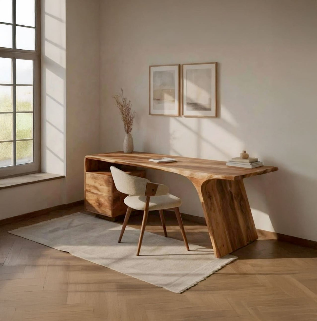 Moderner Holz-Schreibtisch mit Schubladen, gestylt in einem zeitgenössischen Homeoffice