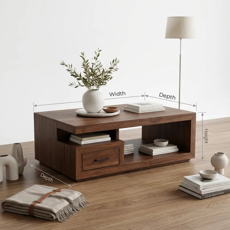 Moderner handgefertigter Sockel-Couchtisch aus Massivholz mit auskragender Platte, Ablagefach & Schublade