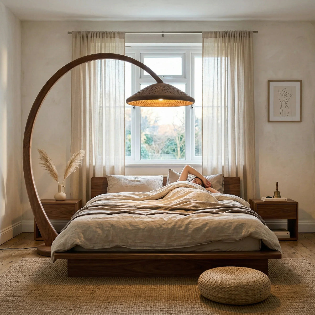Handgefertigte Pilz-Bogenlampe mit breitem Schirm über einem Massivholzbett in einem gemütlichen Schlafzimmer