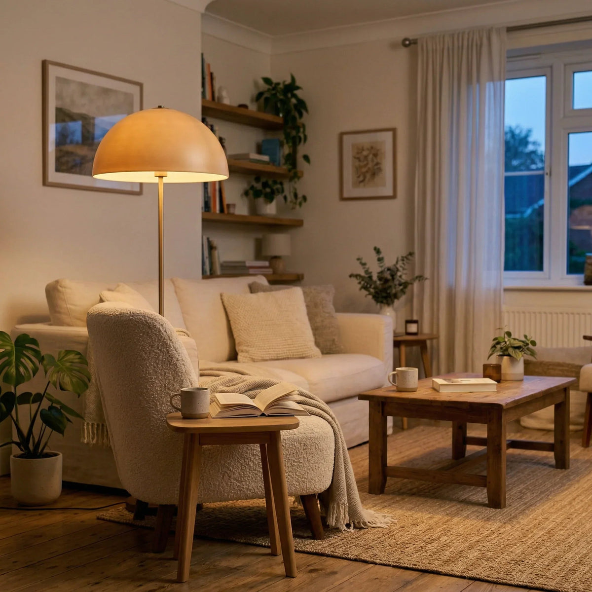 Pilz-Bogenlampe mit breitem Schirm und geschwungenem Holzstiel in einem gemütlichen Schlafzimmer