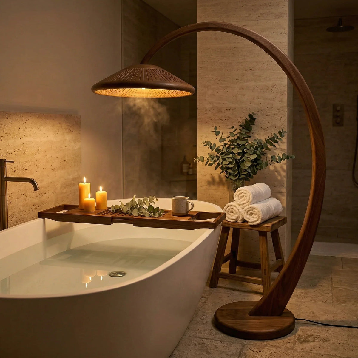 Handgefertigte Pilz-Bogenlampe mit Holzstiel neben einer modernen Badewanne, Kerzen und Handtüchern