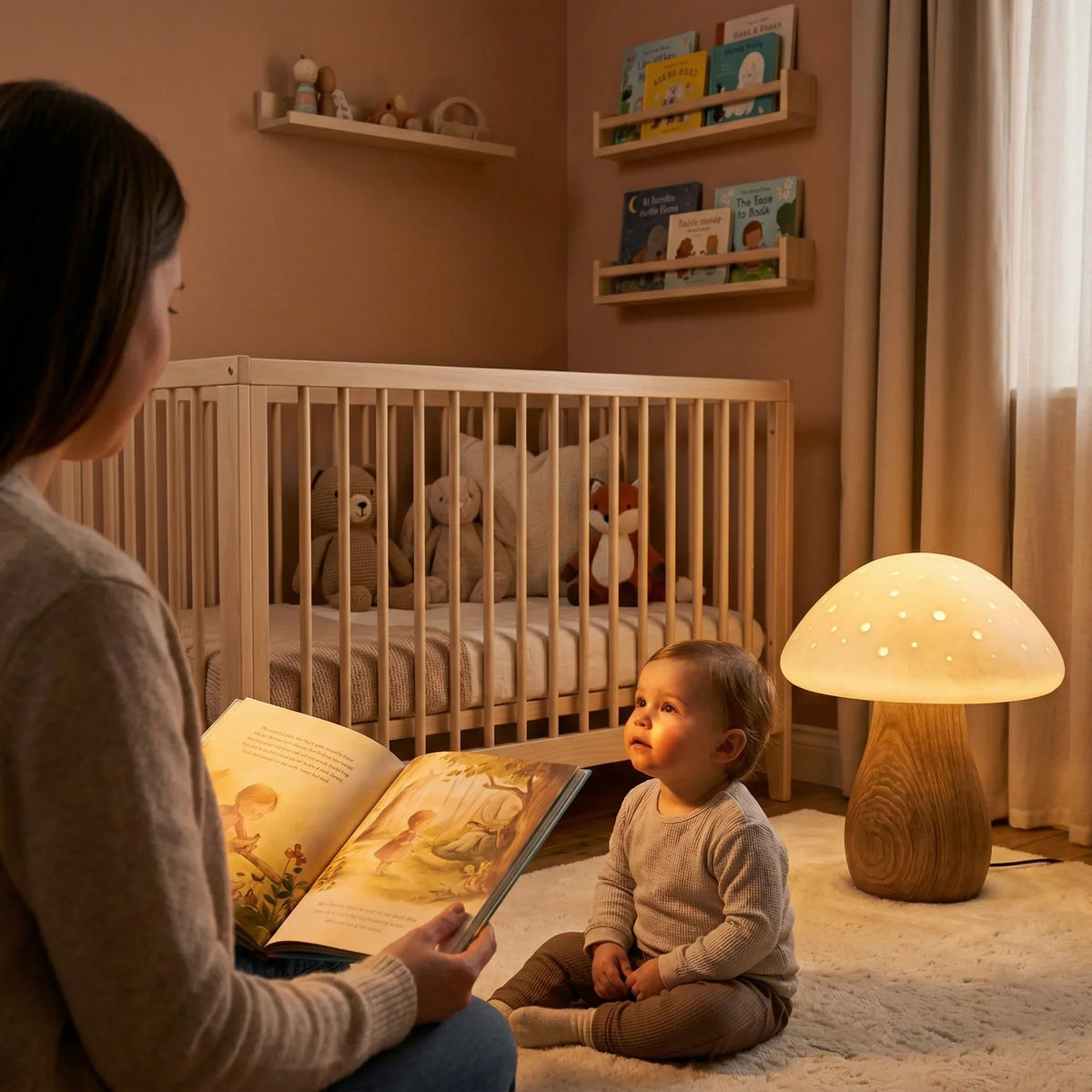 Handgefertigte pilzförmige Stehlampe mit Holzfuß in einem gemütlichen Babyzimmer neben Kinderbett und Kind