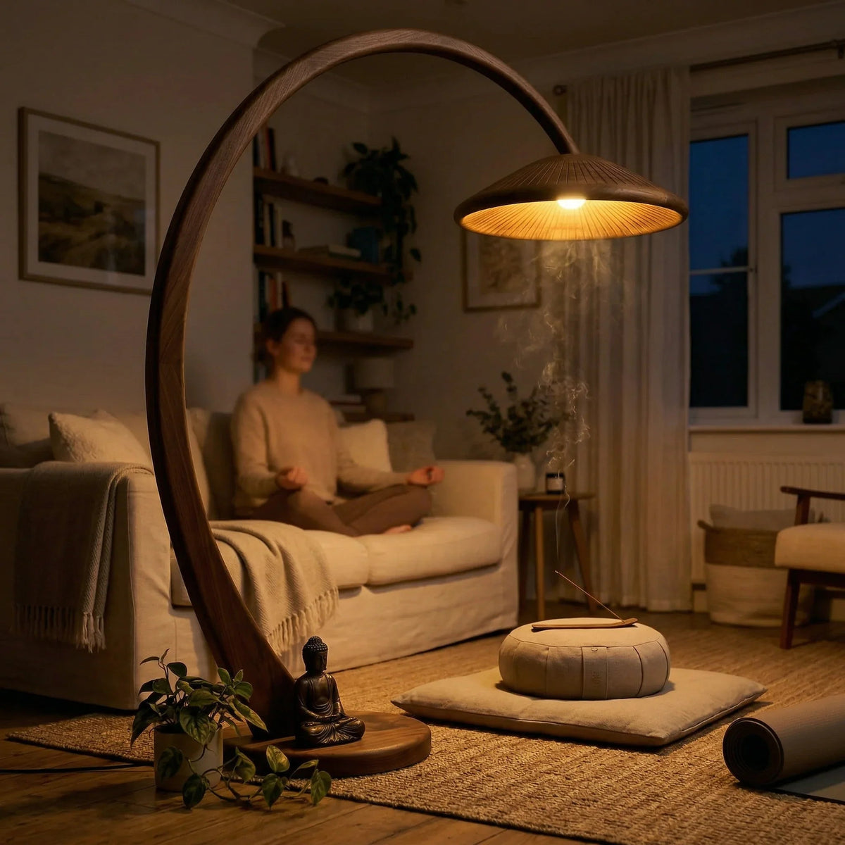 Handgefertigte Pilz-Bogenlampe mit Holzstiel und breitem Schirm in einem gemütlichen Wohnzimmer