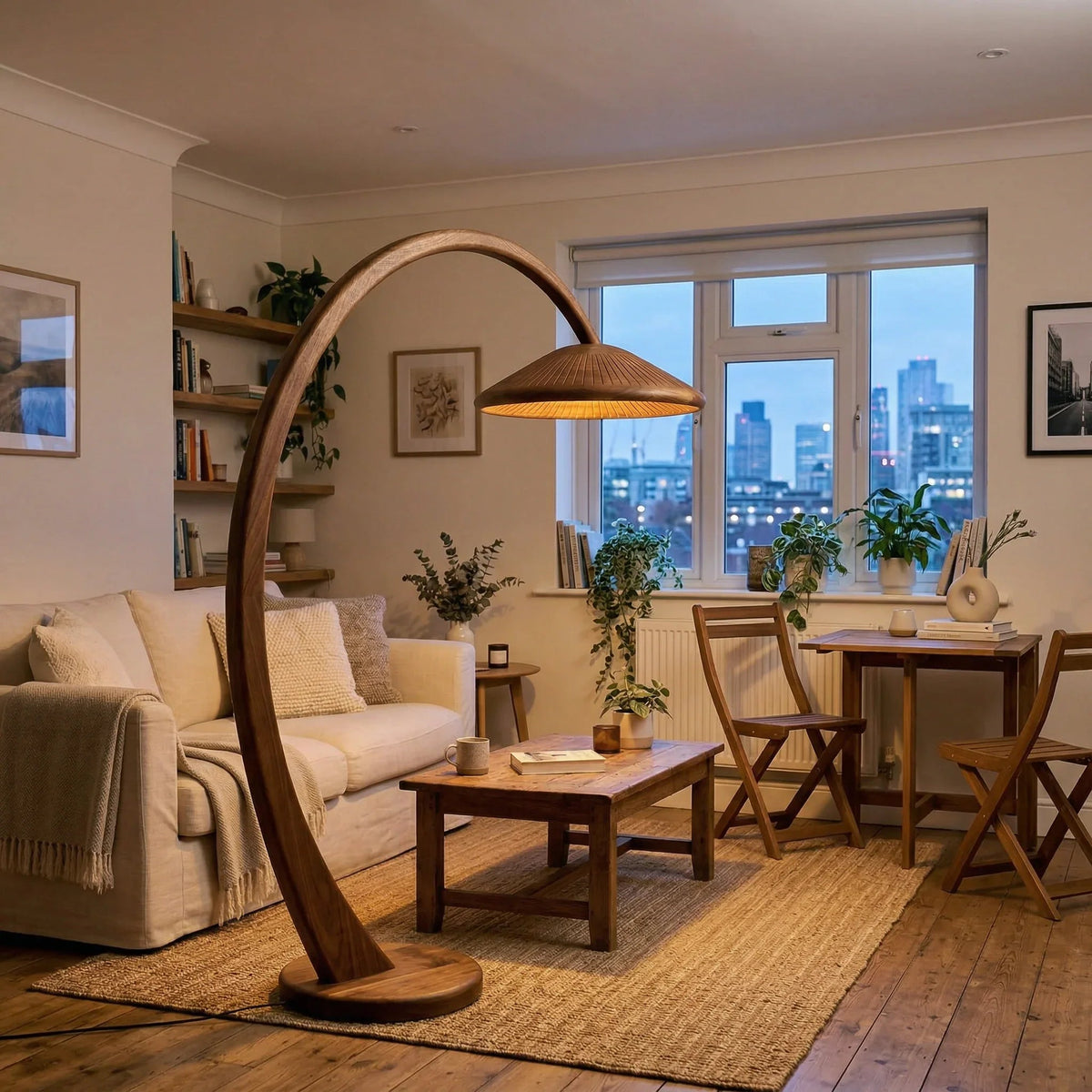 Handgefertigte Bogenlampe aus Massivholz mit breitem Schirm in einem gemütlichen Wohnzimmer