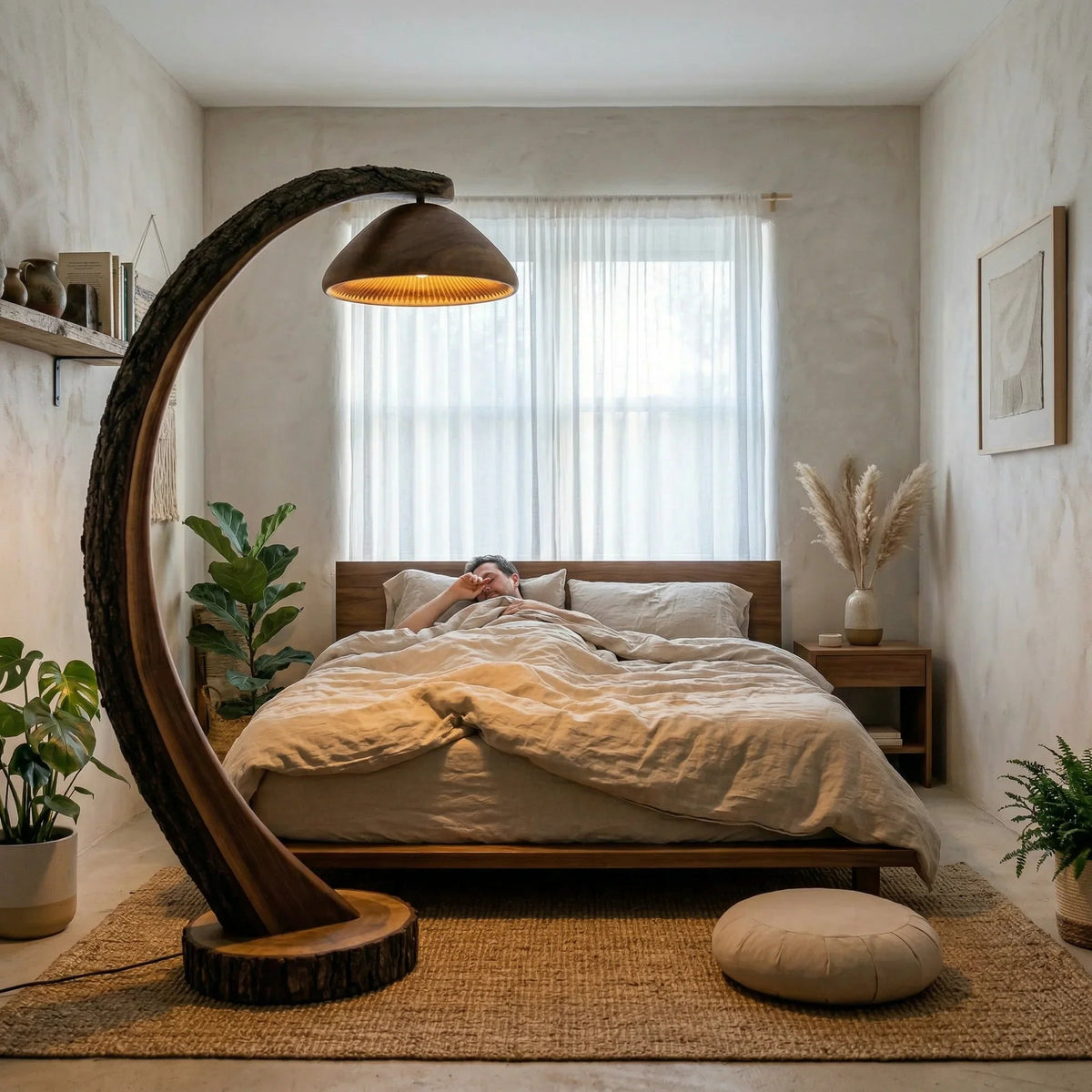 Bogenlampe mit geschwungenem Stammstiel und pilzförmigem Holzschirm in einem gemütlichen, natürlichen Schlafzimmer.
