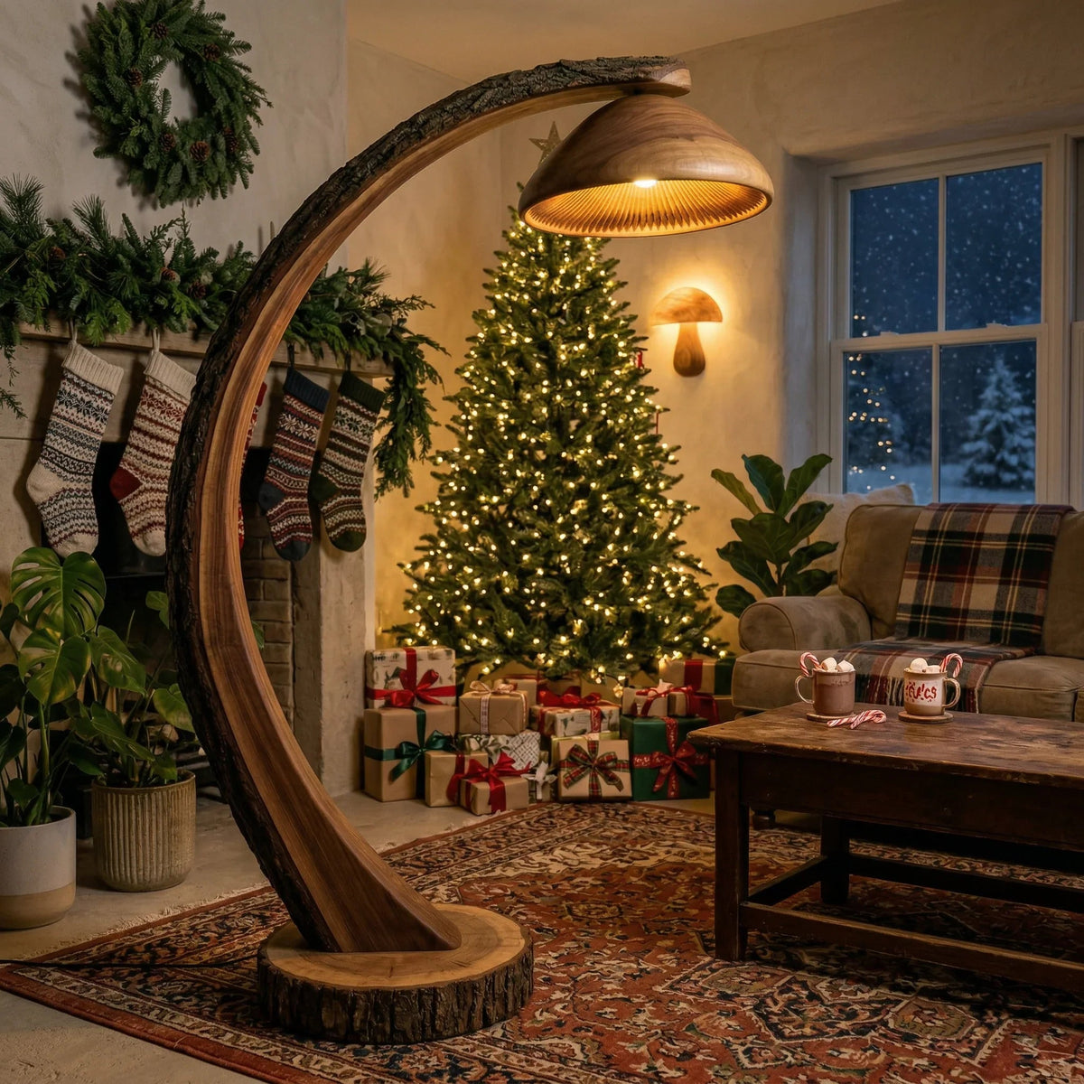 Pilzförmige Holz-Bogenlampe mit Rindenstamm in einem gemütlichen weihnachtlichen Wohnzimmer