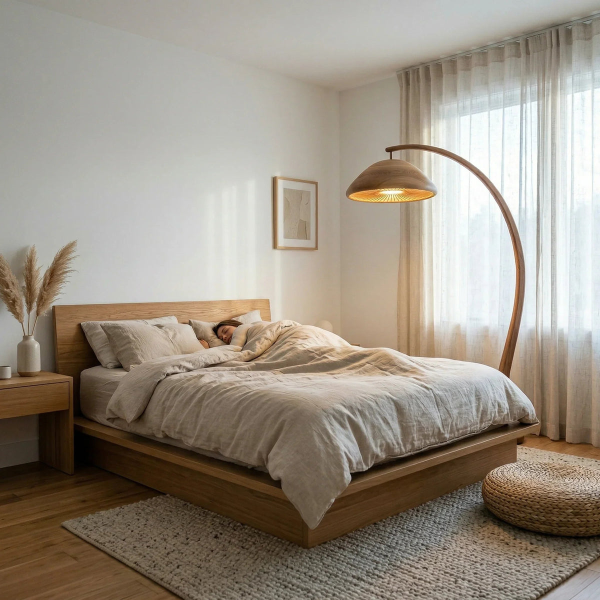 Modernes Schlafzimmer mit Pilz-Bogenlampe, Massivholzbett und neutralem Dekor