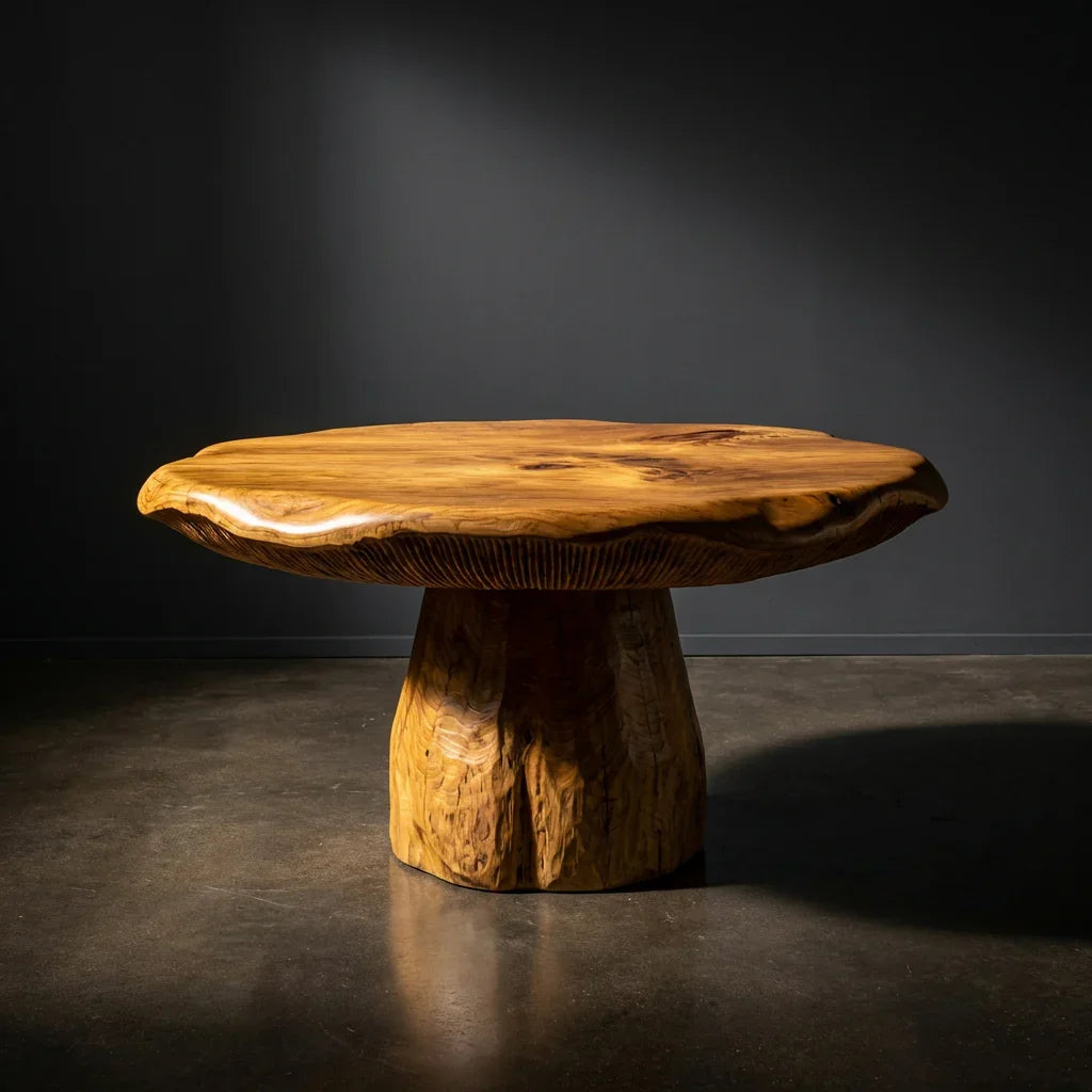 Pilzförmiger Couchtisch aus Massivholz mit natürlichem Baumkanten-Design auf dunklem Boden