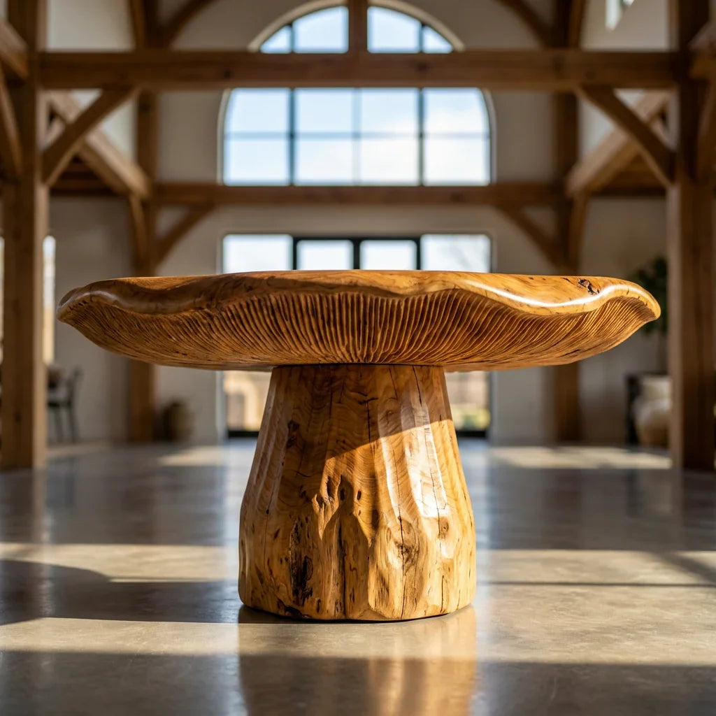 Pilzförmiger Couch-Beistelltisch aus Massivholz mit Baumkanten-Design in einem hellen Raum