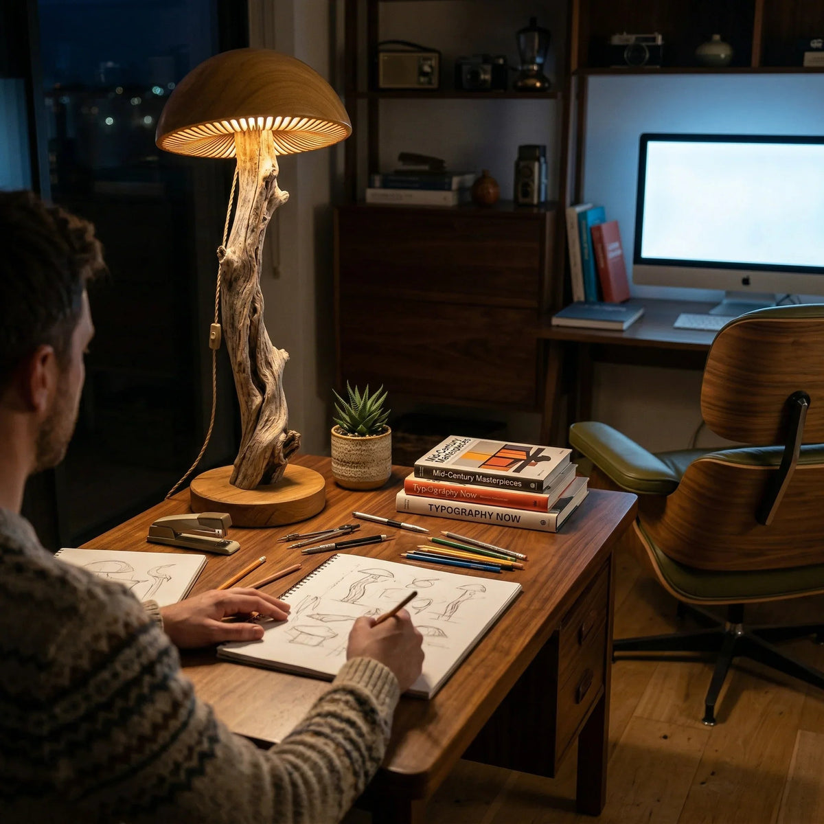 Pilz-Stehlampe mit gebleichtem Treibholzstiel auf einem Holzschreibtisch in einem gemütlichen Homeoffice.