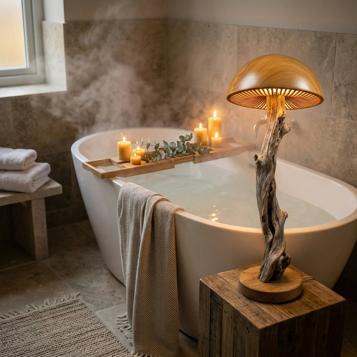 Pilz-Stehlampe mit gebleichtem Treibholzstiel neben einer freistehenden Badewanne und Kerzen