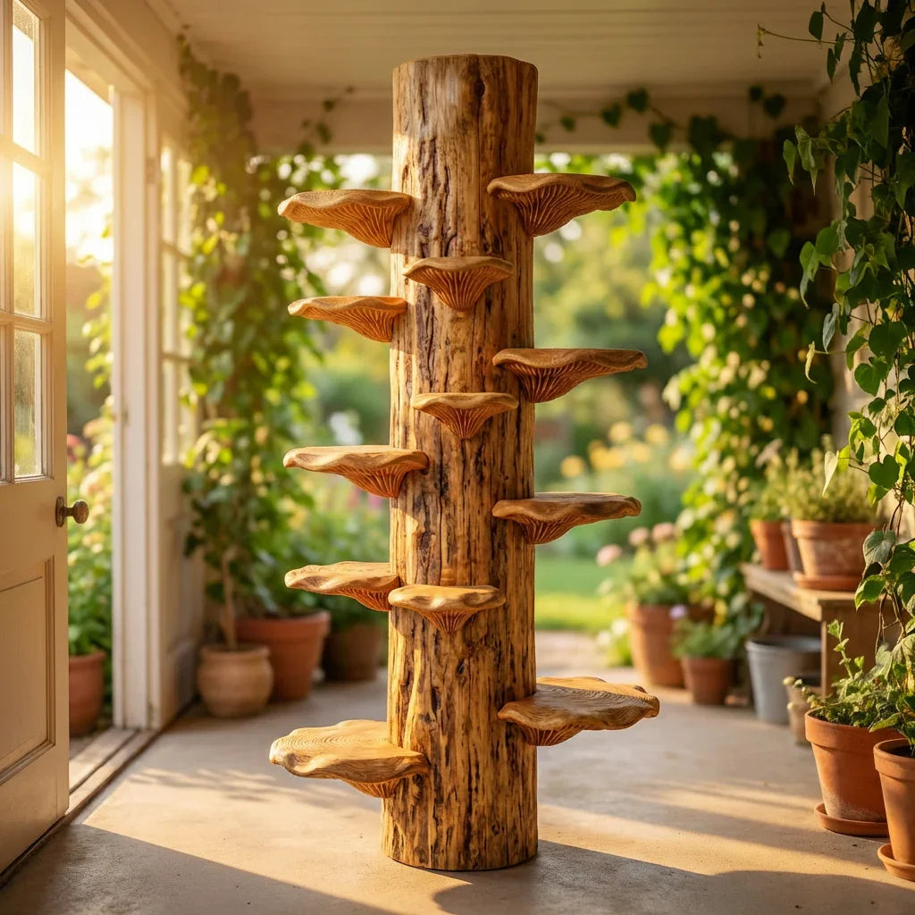 Pilz-Baumstamm-Turmregal mit spiralförmigen Konsolenablagen, handgefertigte freistehende Massivholz-Schausäule für Wohnzimmer, Schlafzimmer, Pflanzenständer – Ashdeco 2026