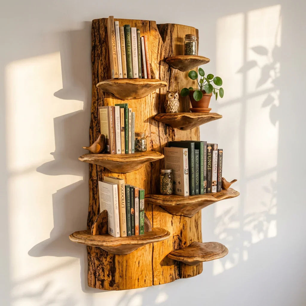 Pilzplatten-Wandbücherregal mit Baumpilz-Ablagen, handgefertigtes Baumkanten-Bücherregal aus Massivholz zur Wandmontage für Wohnzimmer, Büro, Bibliothek – Ashdeco 2026