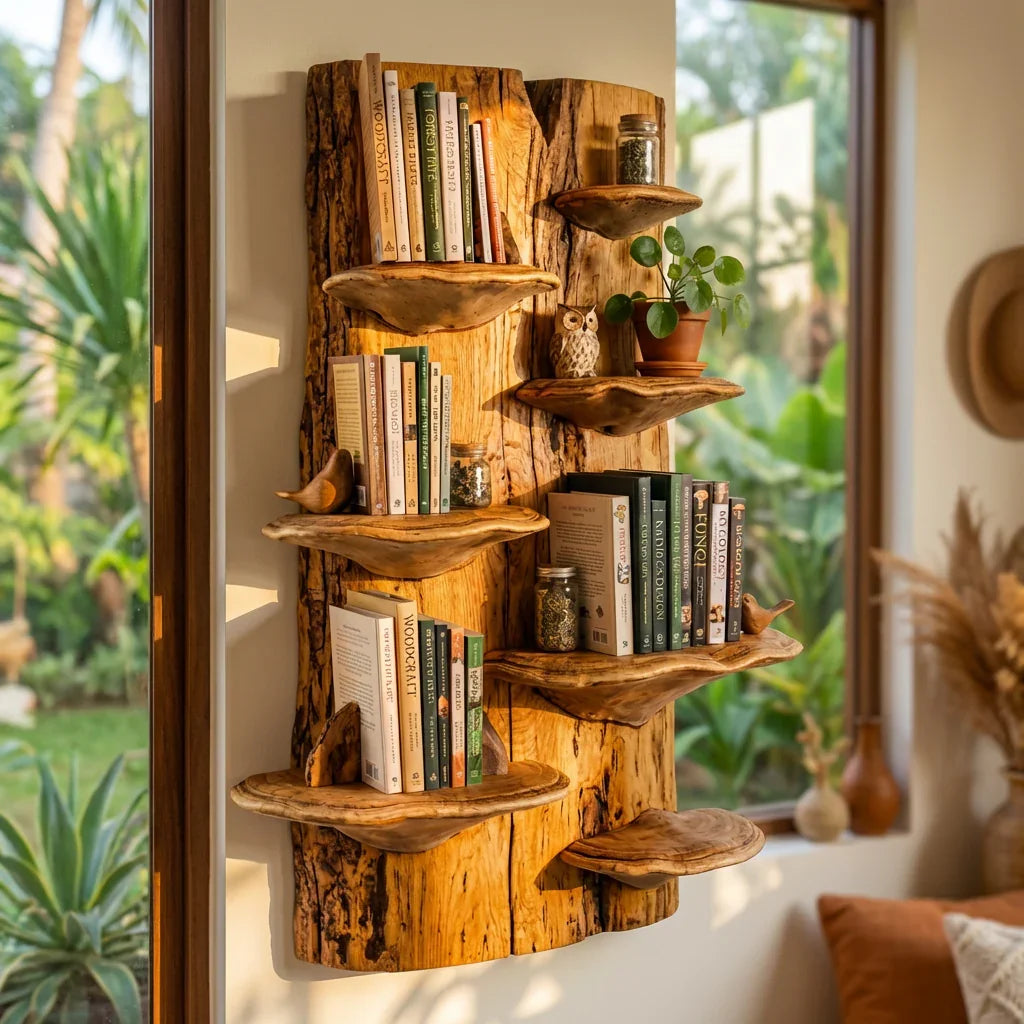 Pilzplatten-Wandbücherregal mit Baumpilz-Ablagen, handgefertigtes Baumkanten-Bücherregal aus Massivholz zur Wandmontage für Wohnzimmer, Büro, Bibliothek – Ashdeco 2026