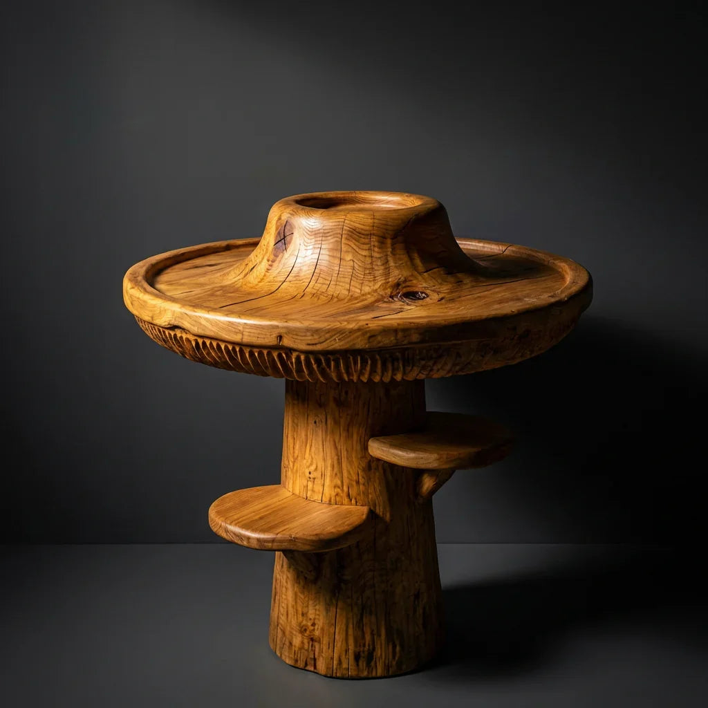 Pilz-Tabletttisch mit erhöhtem Rand, Lamellenband und 2 seitlichen Hutablagen, handgefertigter runder Akzenttisch aus Massivholz für Wohnzimmer, Schlafzimmer, Eingangsbereich – Ashdeco 2026